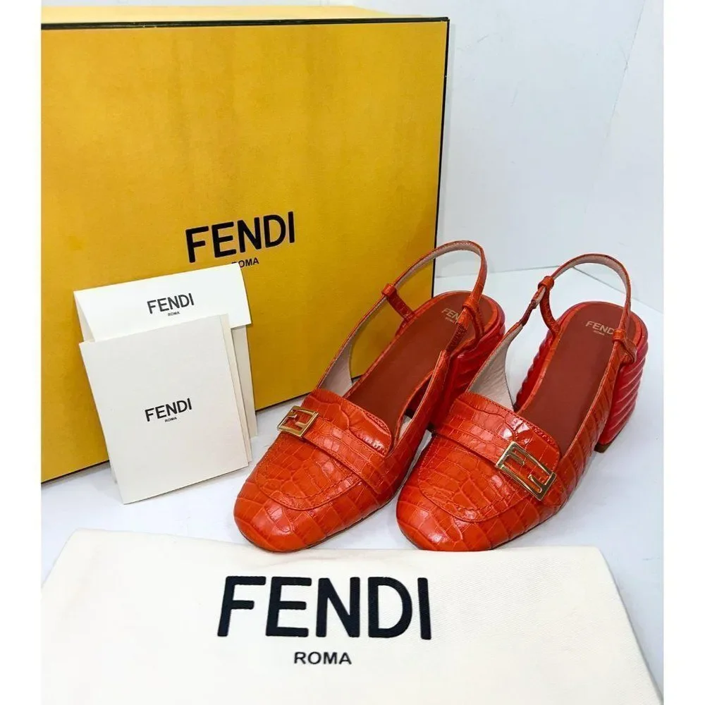 FENDI Orange Rust Runway Croc Effect FF Logo Buckle Slingback Pumps Size… - Picture 16 of 16